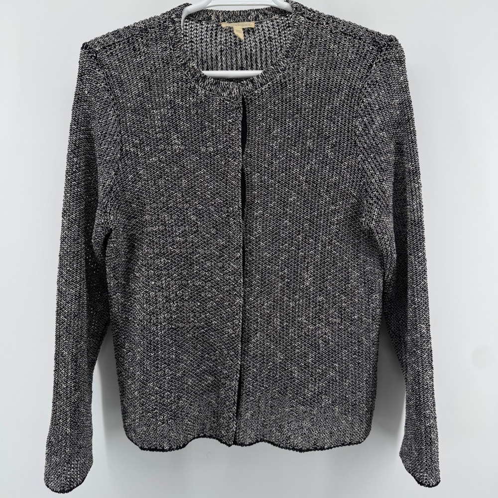 Eileen Fisher Cardigan Womens Large Black White Marled Organic Linen Heavyweight